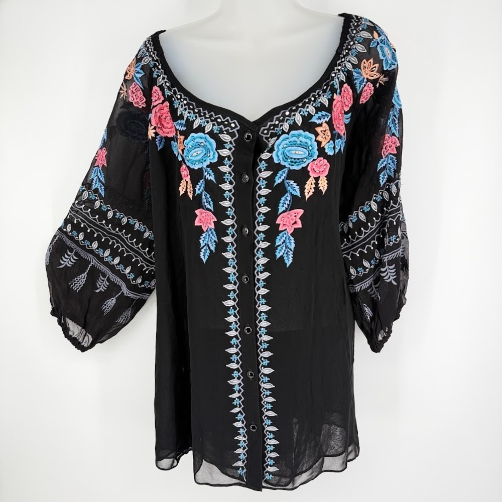 Vintage Collection Button Blouse XL Black Embroidered Floral Sheer Boho Peasant